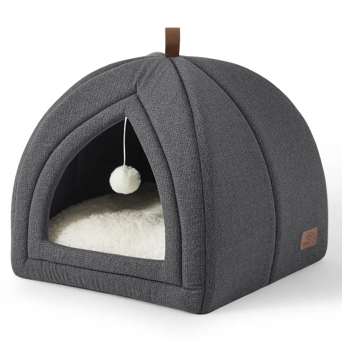 Bedsure Cuccia Gatti Tana Gatti - 40 x 40 x 40 cm Casa per Gatti da Interno con Cuscino Sherpa Rimovibile e Giocattolo Appeso, Cuccia Lavabile, Grigio Scuro