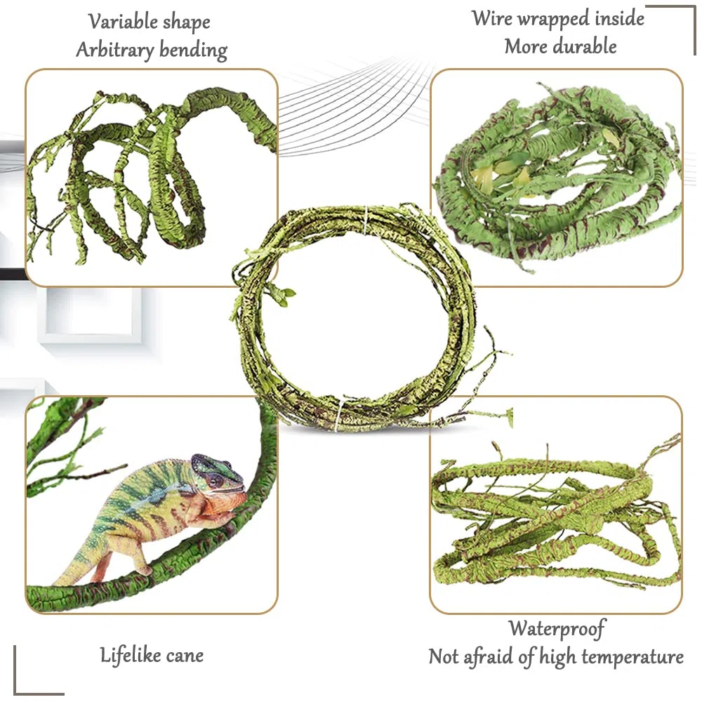 Hamiledyi Piante per rettili pieghevoli giungla rampicante rampicante terrario ramo foglie di plastica flessibili appese decorazione per habitat per animali domestici decorazione per drago barbuto