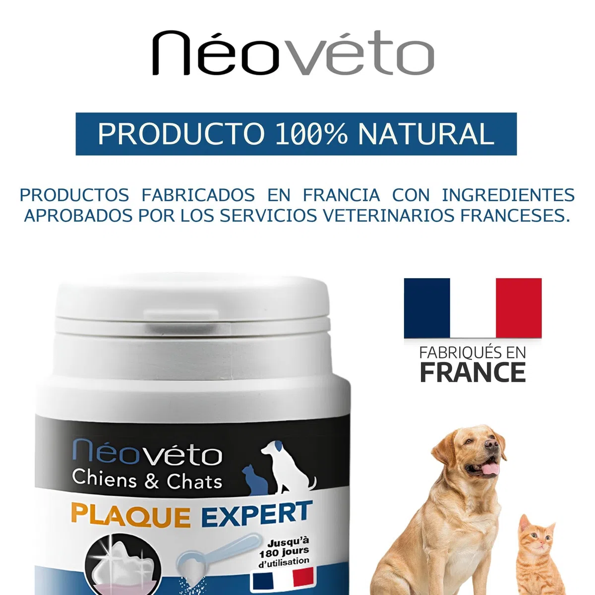 Anti tartaro e alito cattivo Néovéto Plaque Expert, prodotto biologico, per cani e gatti, Plaque Off, 180 dosi, Principi attivi approvati dai servizi veterinari francesi