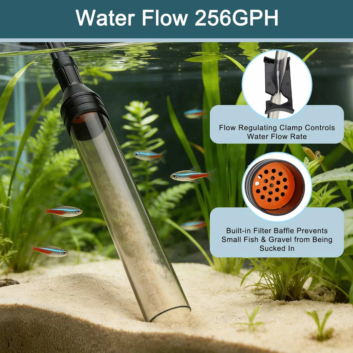 hygger Pulitore per ghiaia per acquario, azionato a mano, 256 GPH, pronto all'uso, adatto per bassi livelli di acqua, sfera di aspirazione integrata, lunghezza regolabile