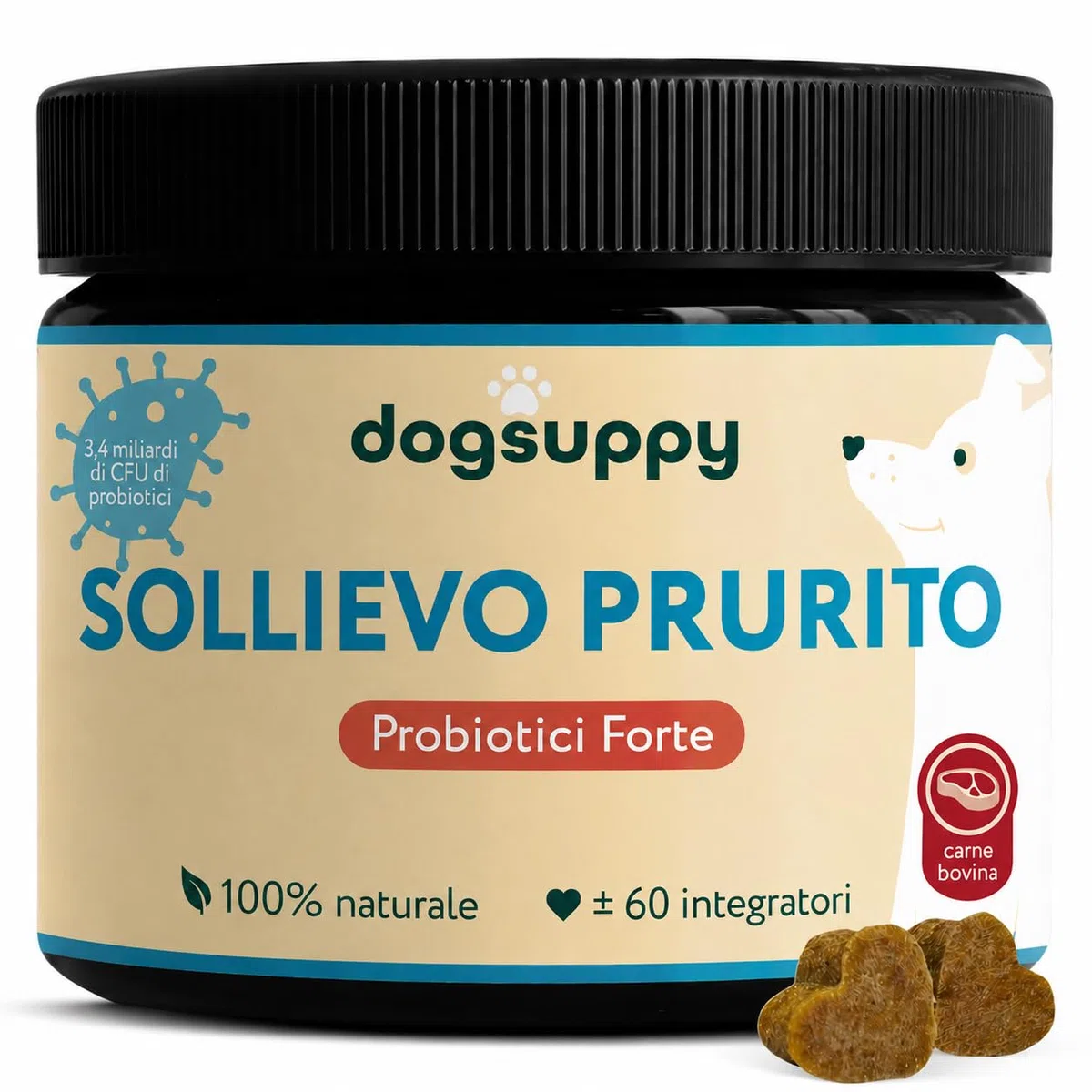DogSuppy Sollievo Prurito Probiotici per Cani – Ferma Prurito, Grattamento, Leccamento delle Zampe, Allevia Allergie e Lieviti, 100% Naturale, Sostiene Intestino e Immunità, Carne Bovina