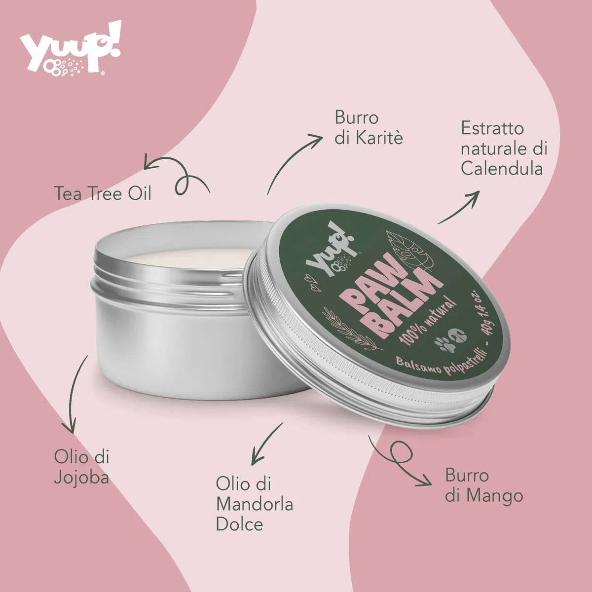 YUUP! - Paw Balm balsamo protettivo 100% naturale per naso, polpastrelli, zampe e gomiti di cani e gatti con burro di Karitè e di Mango, olio di Jojoba, Mandarla, Tea Tree e Calendula, 40 gr
