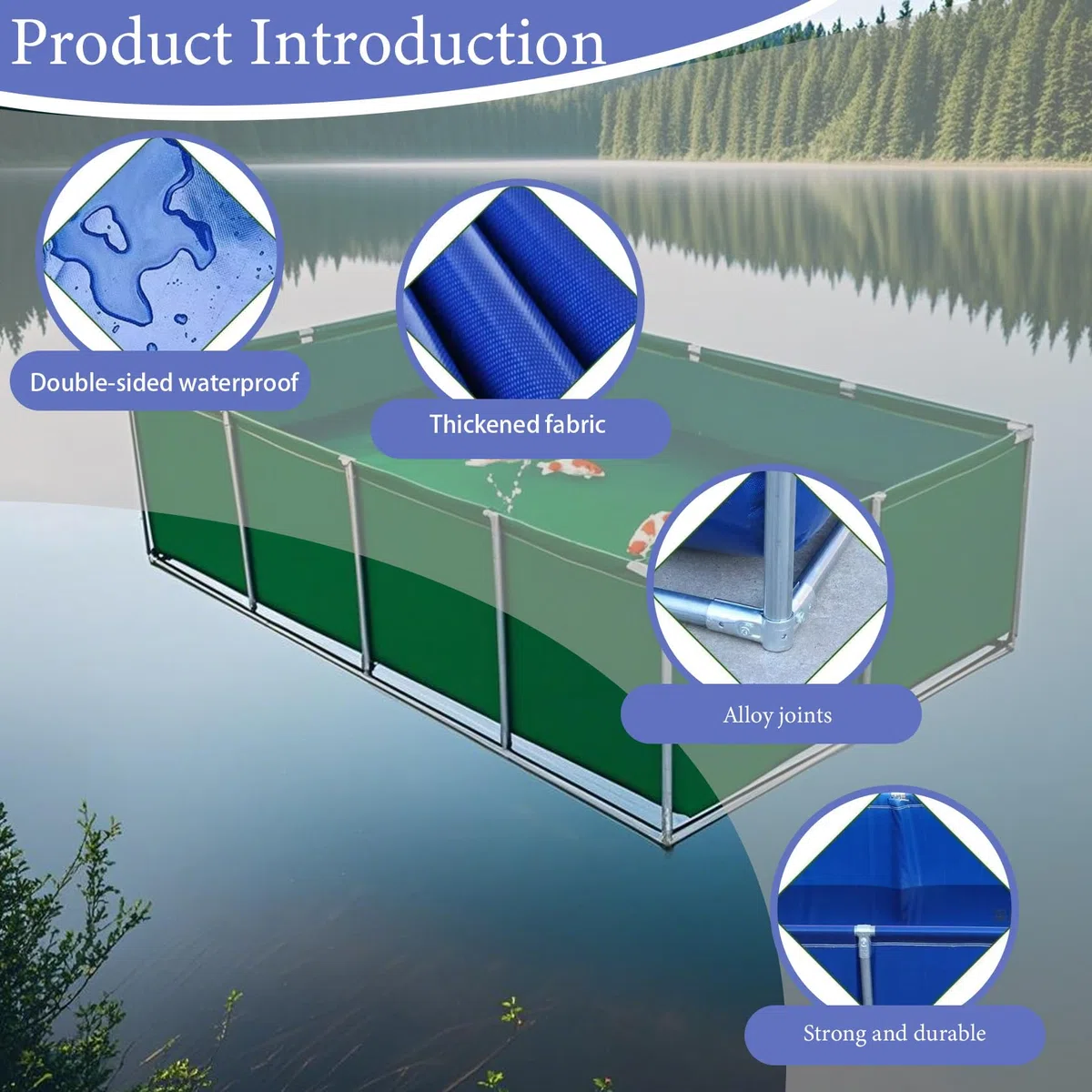 Stagno per pesci in PVC con valvola di scarico, piscina temporanea con telaio in acciaio per animali acquatici, 2 x 2 x 0,5 m, blu-nero, serbatoio per pesci d'acqua salata