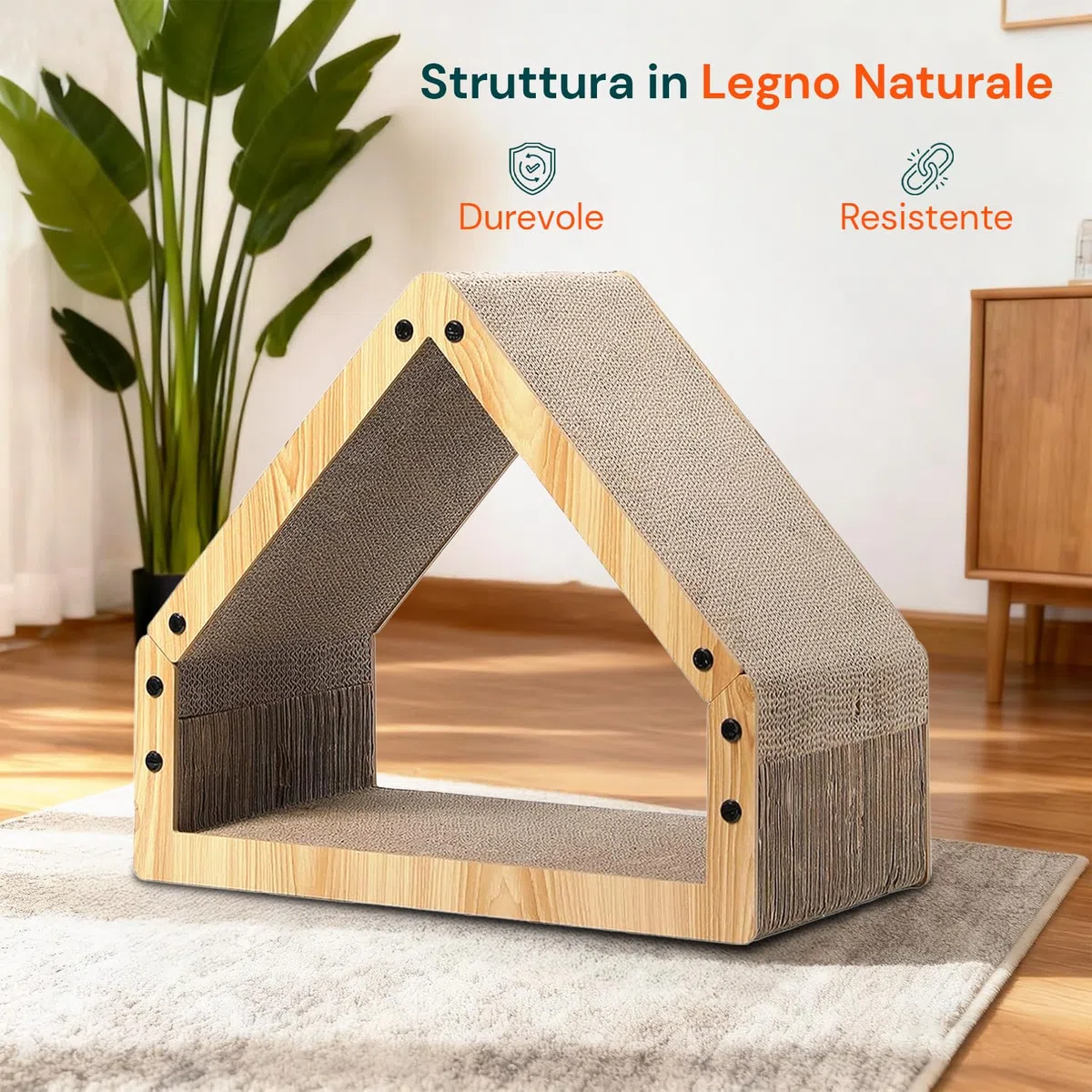 Avilia Tiragraffi per Gatti Casetta in Legno con Rifugio Interno - Graffiatoio e Cuccia 2-in-1 in Cartone Ondulato, Design Salvaspazio 50x30x42 cm, Stabile fino a 10 kg