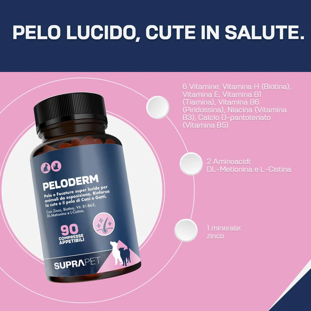 Suprapet Peloderm per Cane e Gatto 90 compresse a base di Biotina, Zinco, Vitamine B, Metionina e Cistina per il Benessere e la lucentezza del Pelo | Mangime Complementare