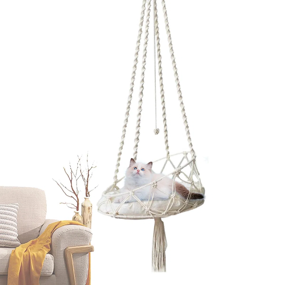 Amaca altalena per gatti, stile boho, per interni, per gatti, per giocare e arrampicarsi, con cuscino rimovibile, per patio, giardino, sala studio, balcone