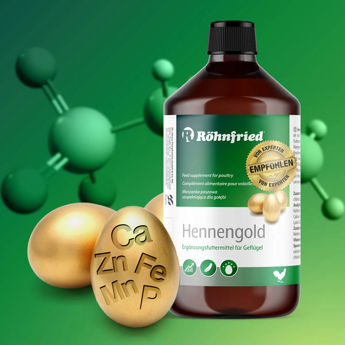Röhnfried Hennengold Integratore Alimentare (1000 ml) con minerali e Calcio per polli additivo per Acqua Potabile Contro Le Uova rotte e per Aiutare la Muta, mangime per Allevamento