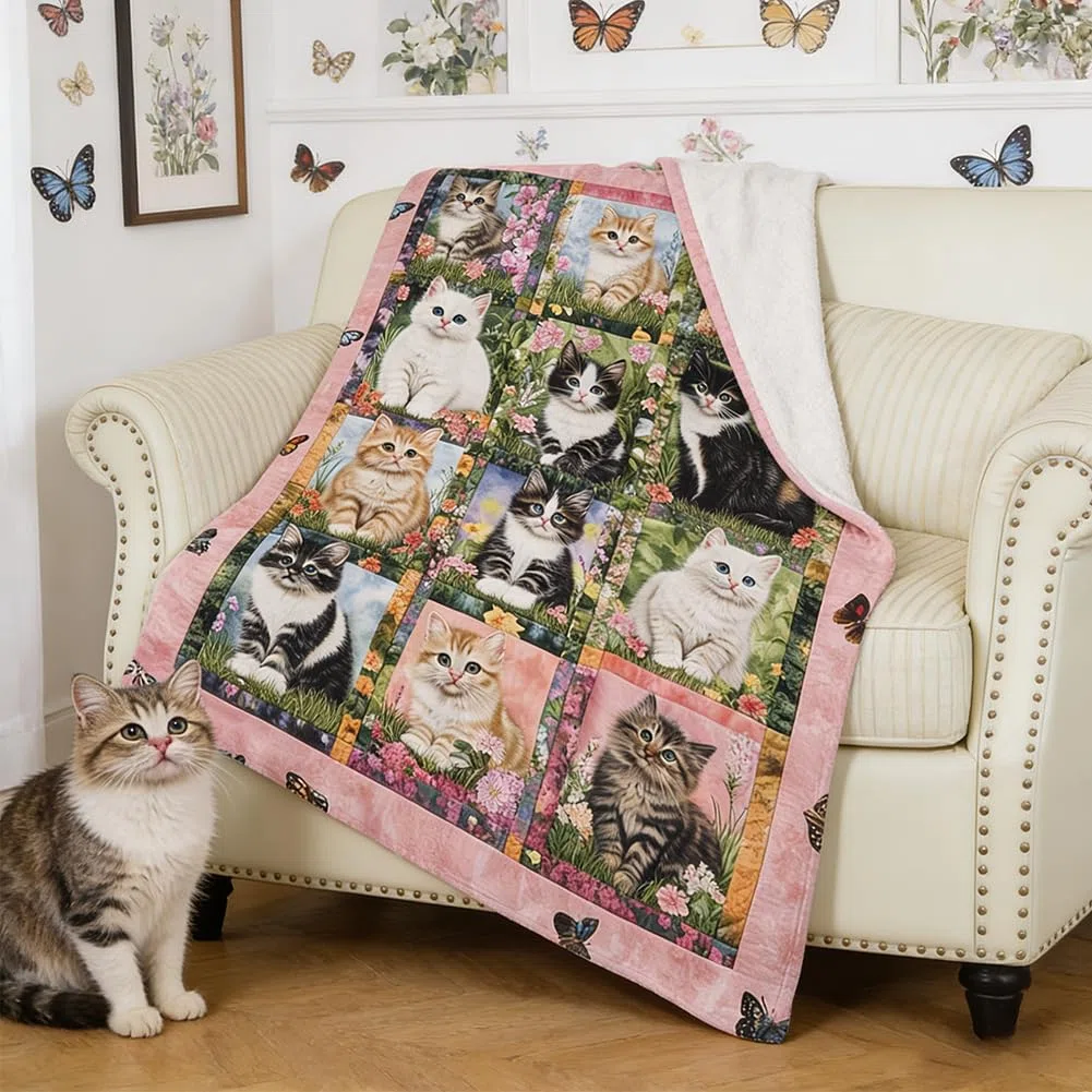 Coperta Per Gatti 150x100 Cm - Morbida Flanella Con Design Fiori e Farfalle Stile Pittura a Olio - Coperta Per Divano,Picnic, Campeggio Letto - Regalo Per Amanti Dei Gatti