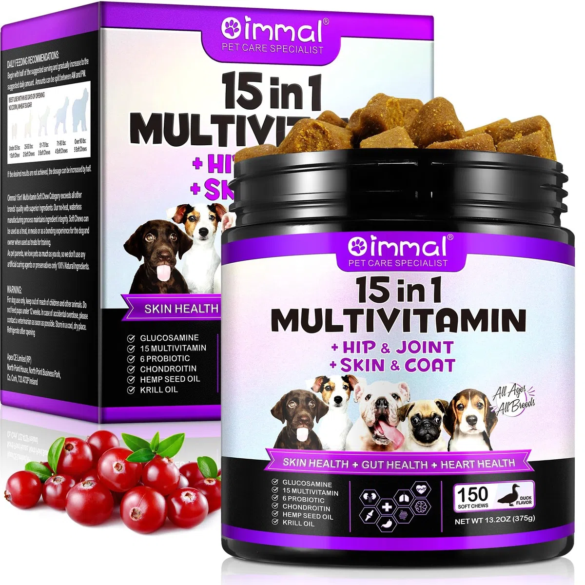 Multivitaminico 15 in 1 per cani - 150 snack masticabili con supporto per le articolazioni, salute digestiva, cuore, pelle e pelo - Vitamine per cani A, E, D3, B12 e minerali essenziali