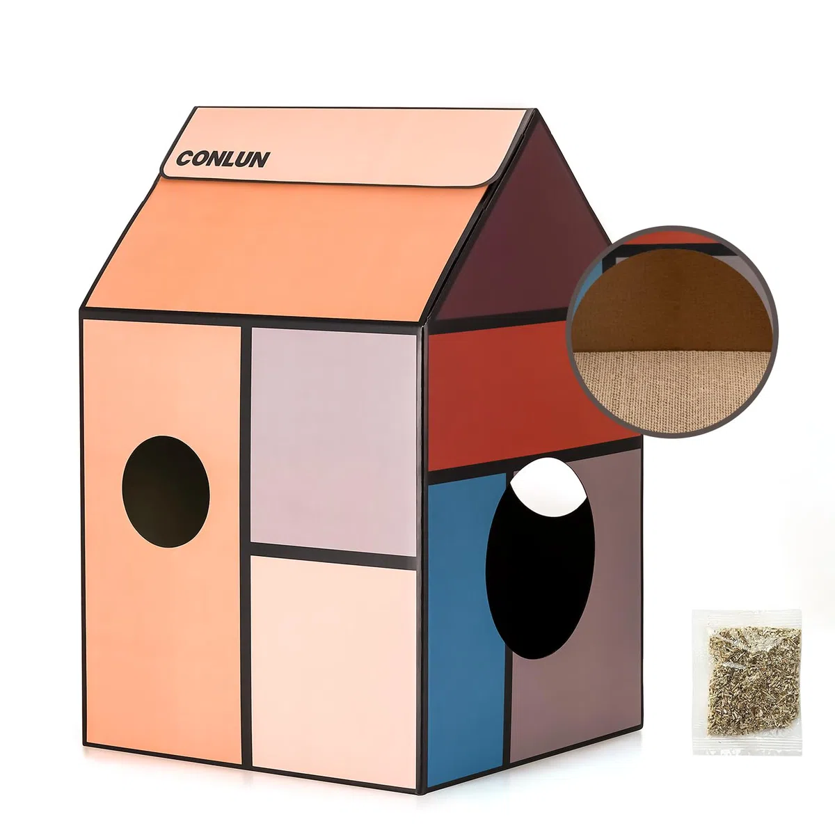 Conlun Cuccia Gatto in Cartone con Tiragraffi per Gatti & Catnip, Casa per Gatti in Cartone Facile da Montare, Adatta a Decorazioni Domestiche, Tiragraffi Gatto Domestici e Piccoli Animali, Medio