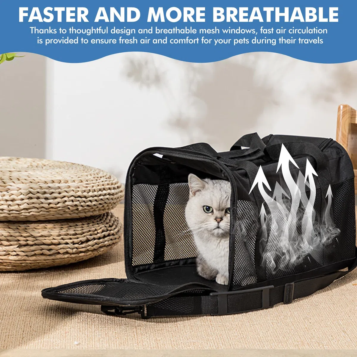 Trasportino per gatti pieghevole: borsa per gatti traspirante con ciotola per acqua portatile, pieghevole, trasportino per cani con tracolla, 42 x 27 x 28 cm