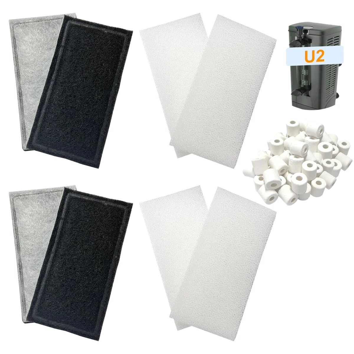 Set di 9 filtri per acquari compatibili con filtro subacqueo Fluval U2, filtro per acquari d'acqua dolce e salata, include 4 cuscinetti in schiuma, 4 cartucce in policarbonato e 1 anello in