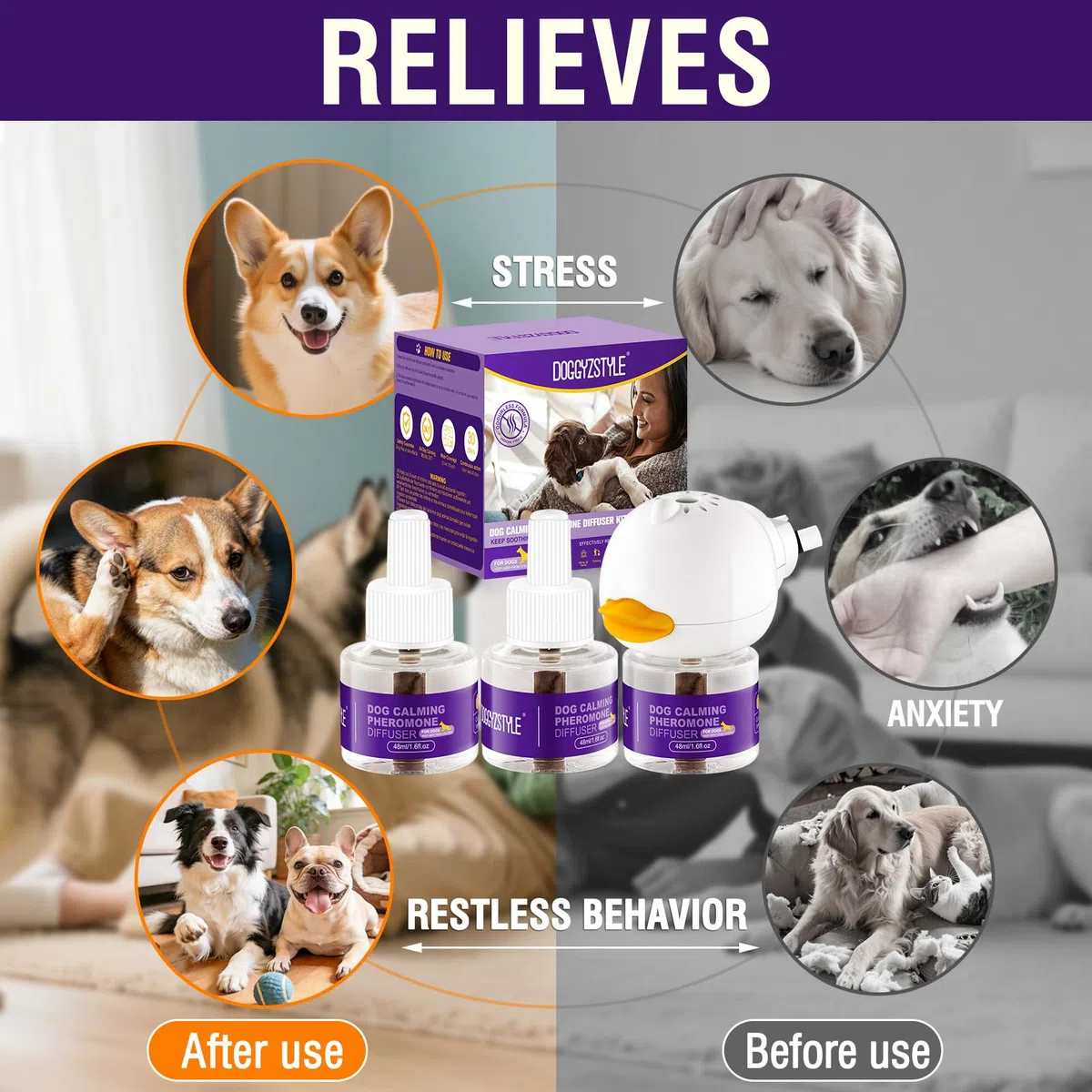 Diffusore di Feromoni Calmanti per Cani,Rilassamento Naturale Dall'Ansia per Cani,Riduce Efficacemente Stress E Abbaio,Adatto A Tutte Le Razze,3 Ricariche (3 Ricariche+1 Diffusore)