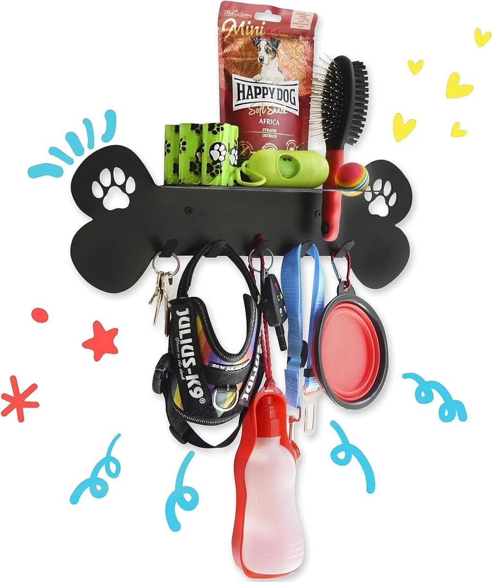 Appendiabiti da parete per cani con mensola e spazio per accessori per passeggiate e igiene, 100% acciaio al carbonio
