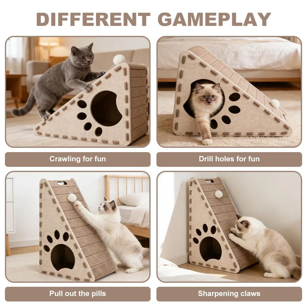 3 in 1 Cat Scratching Board & Felt Triangle Cat House – Vertical Cat Scratcher for Indoor Cats, Scratch Play Rest Cat Furniture, Sturdy Easy Clean Cat Scratcher with Ball Toy
