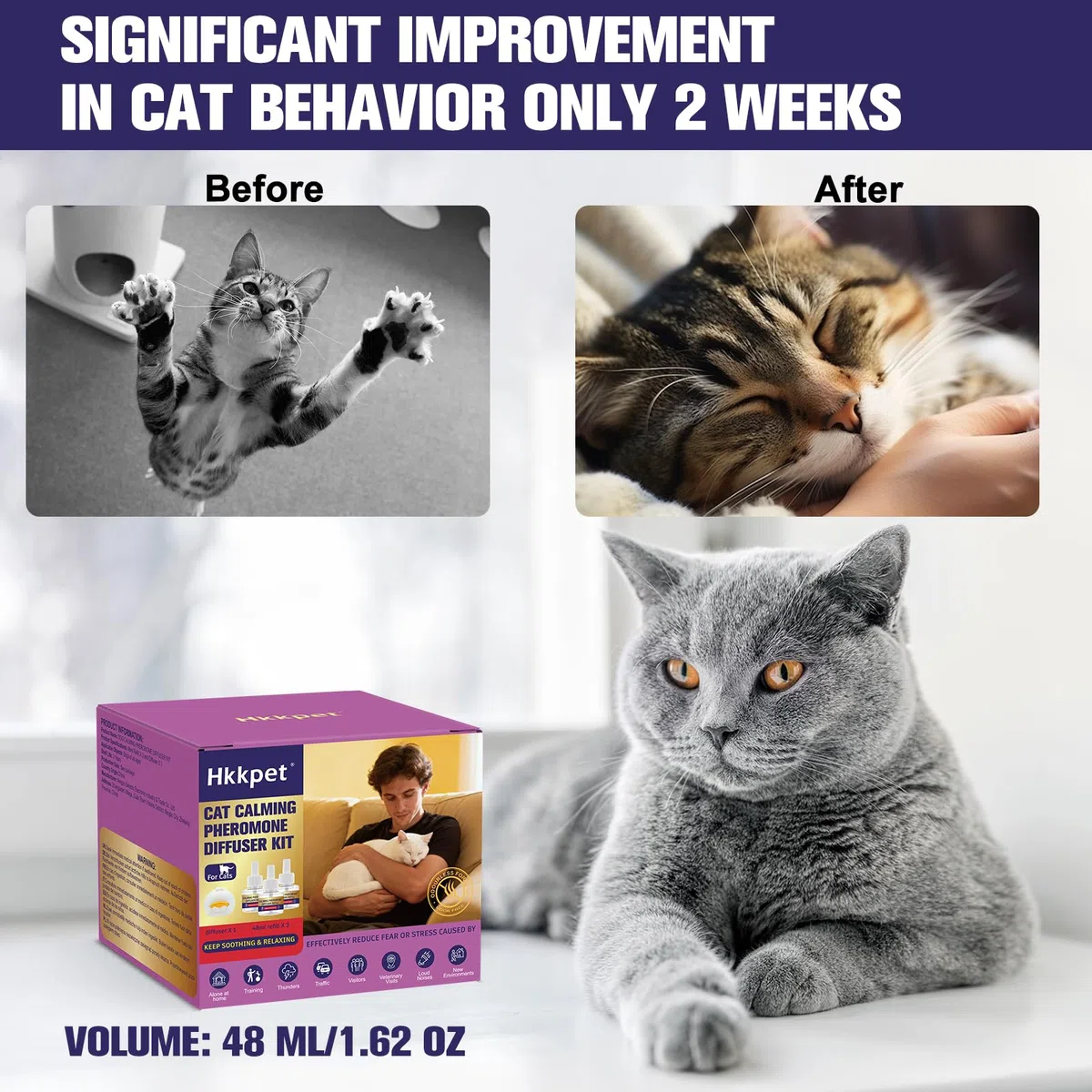 Diffusore di Feromoni Calmanti per Gatti, Riduce Stress, Ansia e Graffi, Aiuta a Ridurre Aggressività e Conflitti tra Gatti, Adatto a Tutti i Gatti, 1 Diffusore + 3 Ricariche da 48 ml