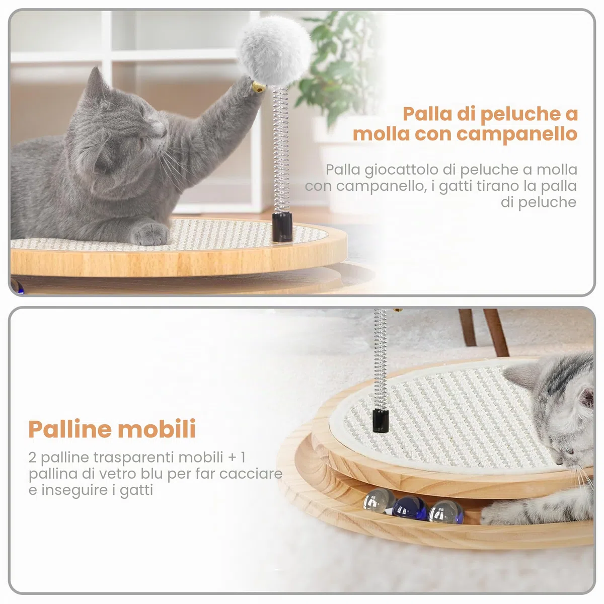 Tappetino Tiragraffi per Gatti, Antigraffio in Sisal Naturale, Torre giocattolo Catch the Balls in legno, Giocattolo interattivo per gattini con palla a molla per inseguire, caccia