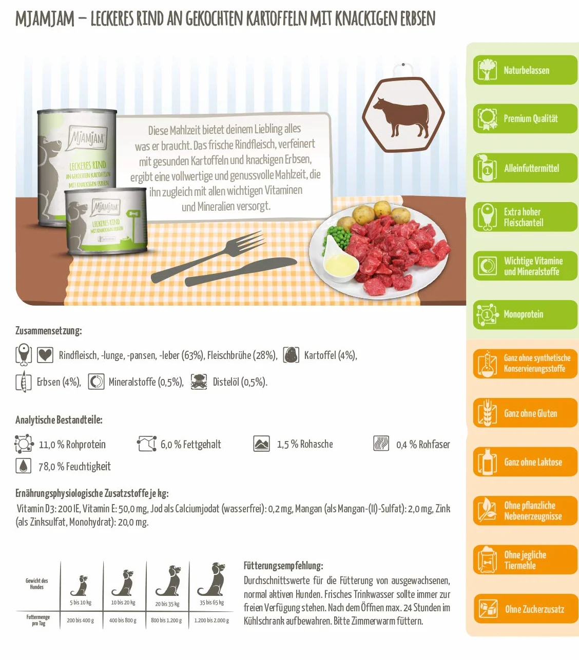 MjAMjAM - cibo umido premium per cani - delizioso manzo su patate bollite con piselli croccanti, confezione da 6 (6 x 400 g), naturale con carne extra