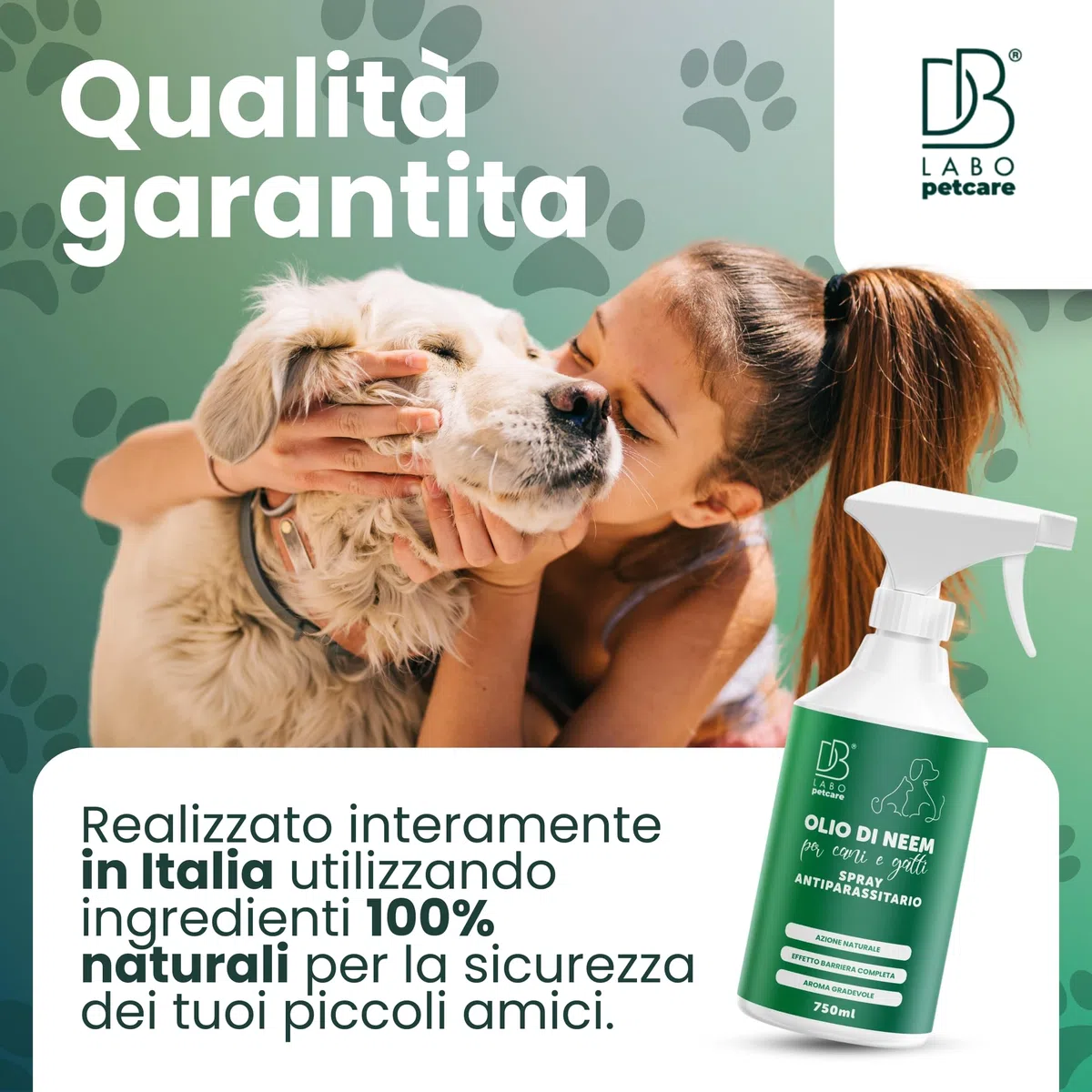 Db Labo - Olio Di Neem per Cani 750ml - Spray Olio Neem Repellente per Cani Sgradito a Zecche, Pulci, Zanzare e Insetti - Azione Naturale con Aroma Piacevole abbinabile a Repellente Antipulci