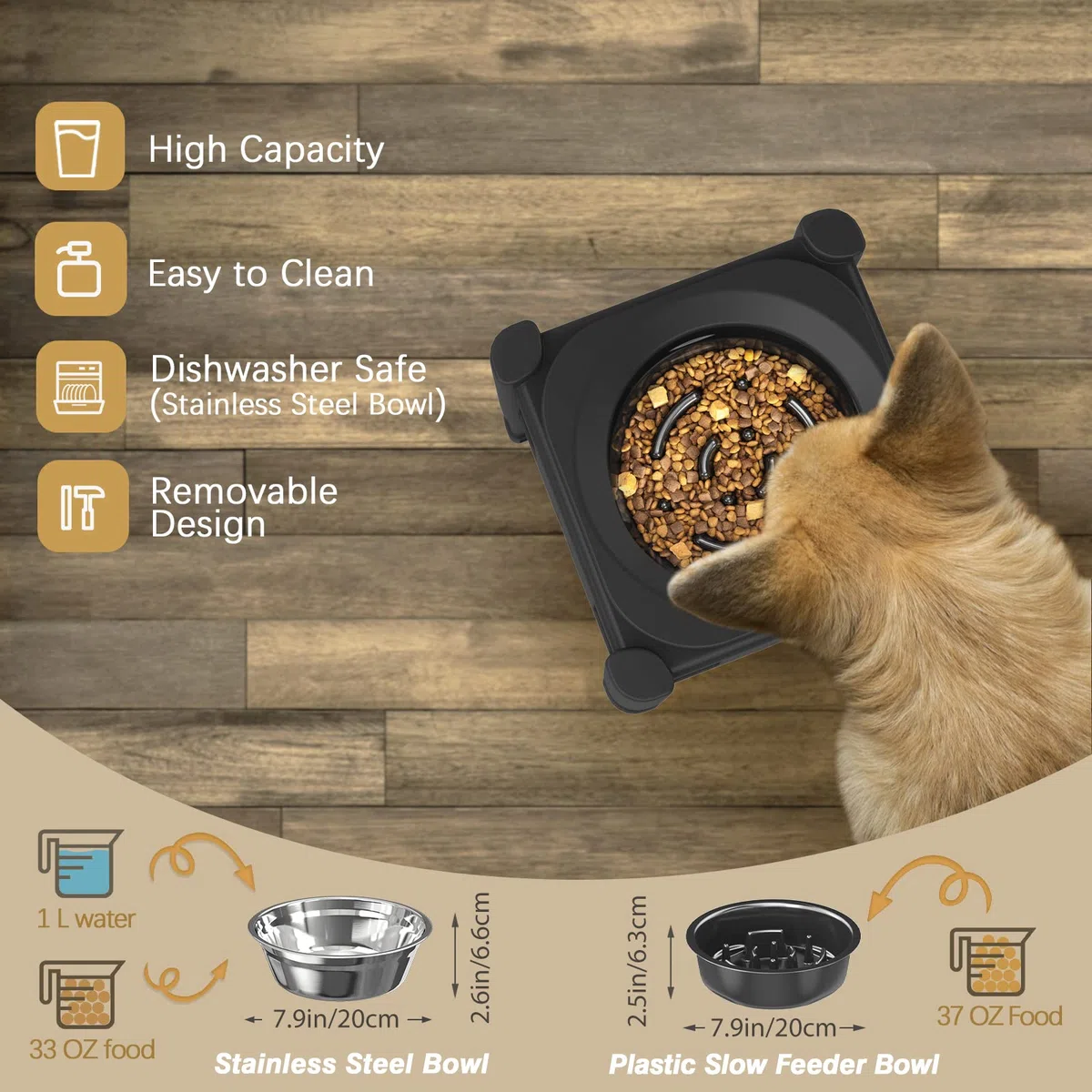 Lewondr Ciotola per Cani Rialzata, Ciotole per Cani Rialzate Anti Ingozzamento con Ciotola ad Alimentazione Lenta da 1,1 L Ciotola in Acciaio Inox con 3 Altezze Regolabili per Cani di Piccola a Grande