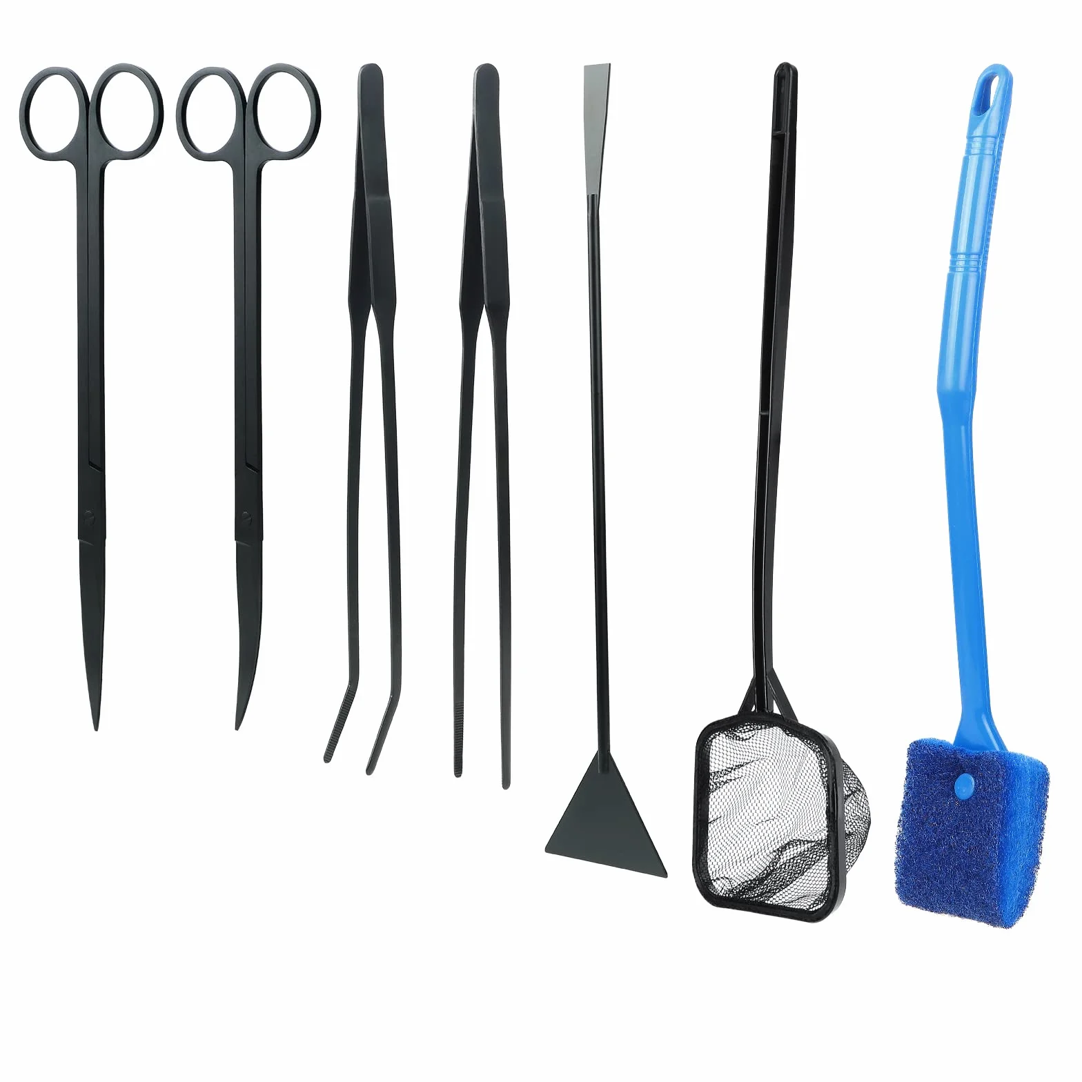 Coolty Kit di strumenti per aquascaping piante acquatiche 7 in 1, pinzetta a forbice in acciaio inox, spatola strumenti per la pulizia dell'acquario, rete da pesca e raschietto per alghe per acquari