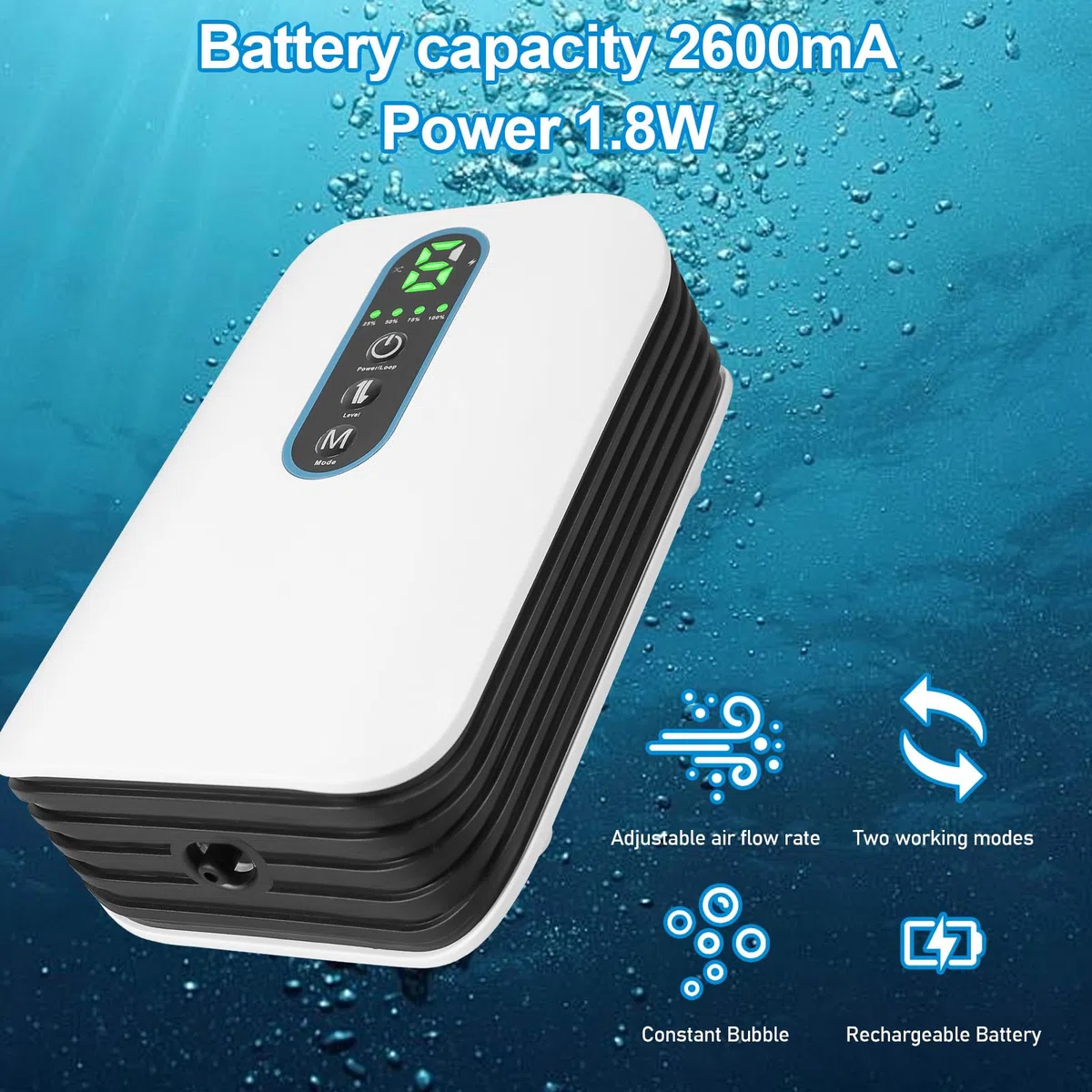 Pompa ad aria per acquario, pompa ad ossigeno 2600 mAh, batteria 3 l/min, flusso d'aria regolabile in 6 livelli, ultra silenziosa USB per acquari, laghetti da giardino, attività di pesca all'aperto