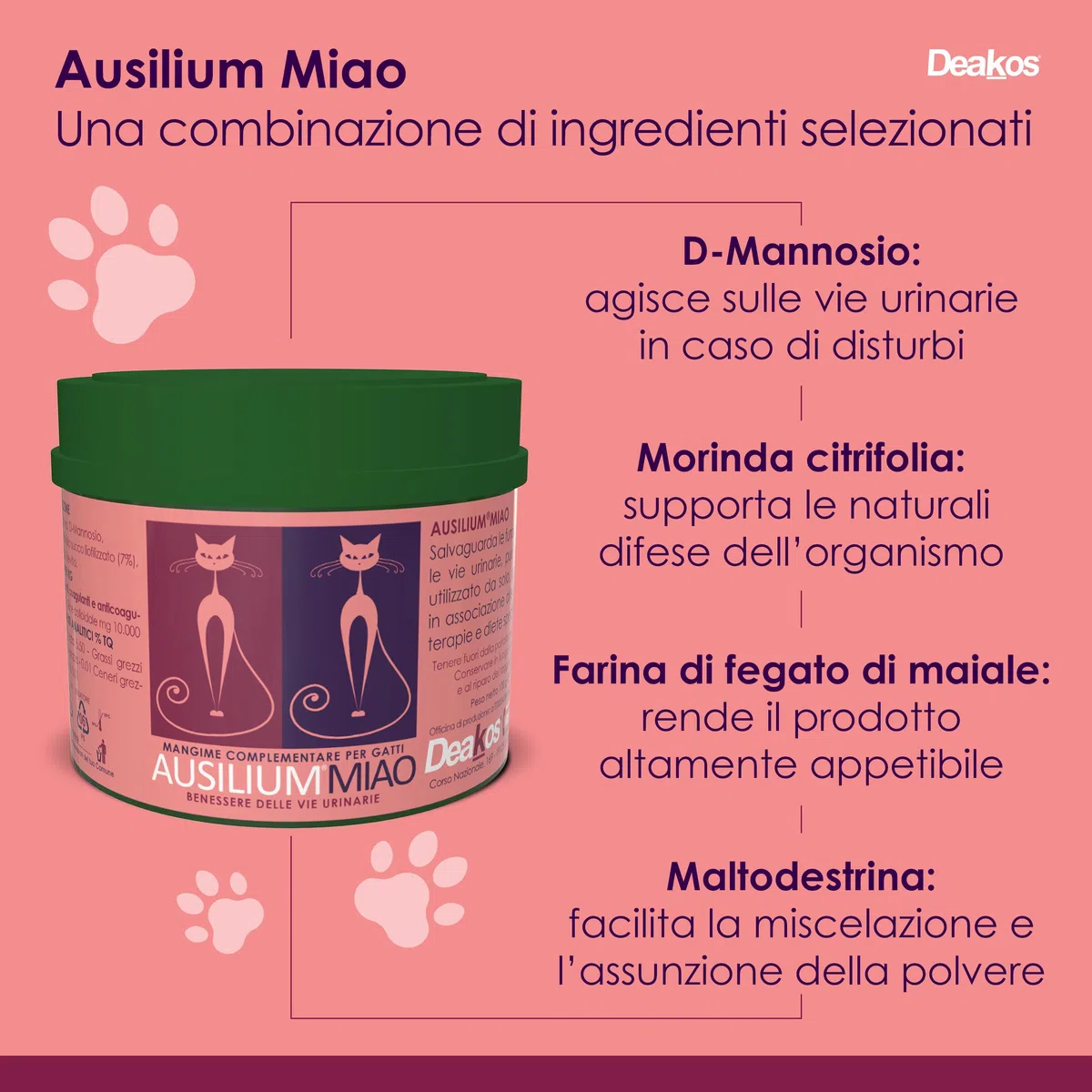 Deakos Ausilium Miao in Polvere 100g - Integratore Gatto per il Benessere delle Vie Urinarie - Con D-Mannosio Puro e Morinda Citrifolia - Integratore per Gatto Senza Glutine e Lattosio