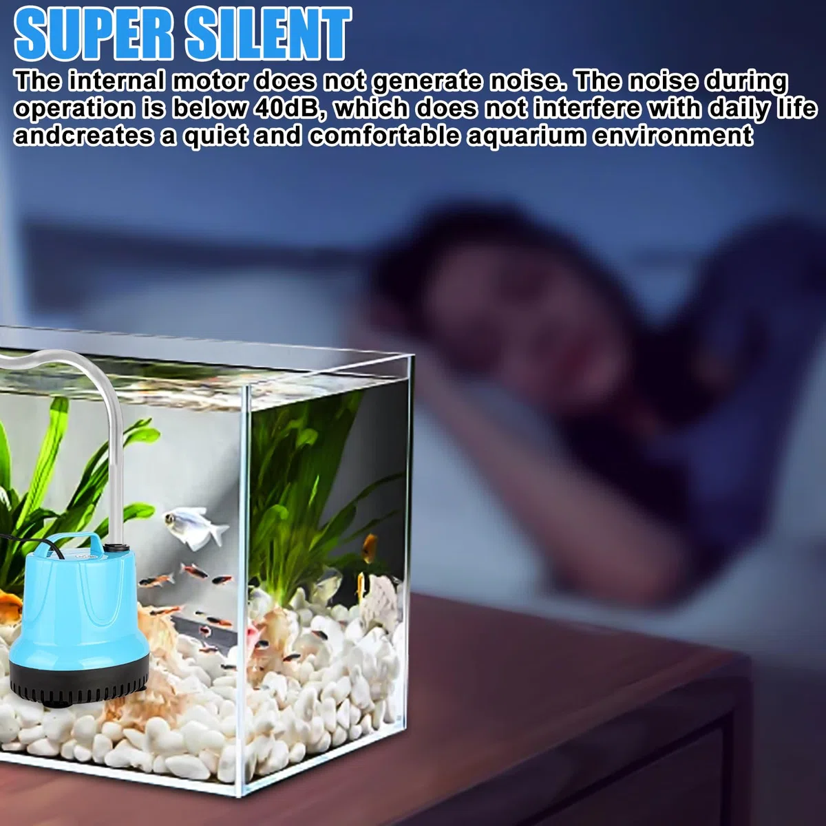 Mini pompa sommergibile da 35 W, 2000 l/h, piccola, ultra silenziosa, per acquario, con 3 ugelli e tubo da 1,5 m da 12 mm, pompa per fontana per laghetti, acquari, giardini, fontane (blu)