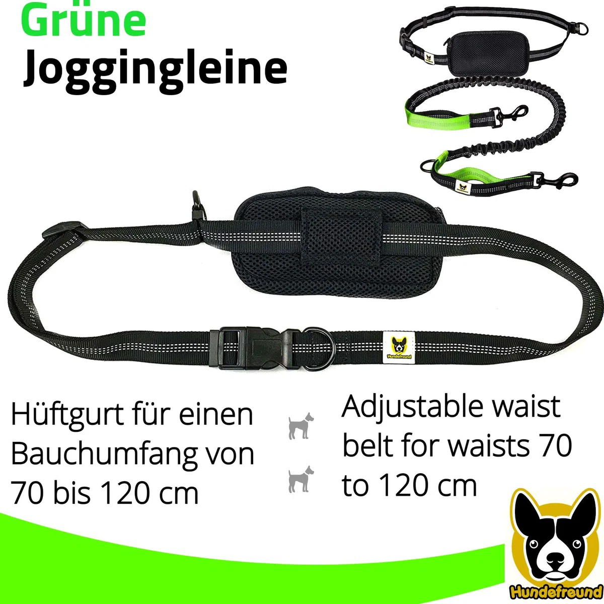 Guinzaglio da jogging | Per correre a mani libere, passeggiate ed escursioni | Corda di 120 cm (allungabile fino a 200 cm) con cintura in vita regolabile in nylon resistente allo strappo e con marsupio rimovibile