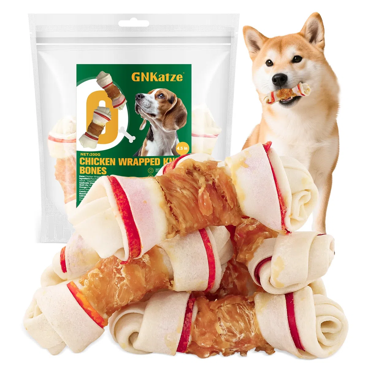 Snack per cani Ossa di pelle grezza avvolte nel pollo, ossa annodate avvolte nel pollo a lunga durata da masticare per cani 4,5", snack per l'addestramento facili da digerire,200G (200G)