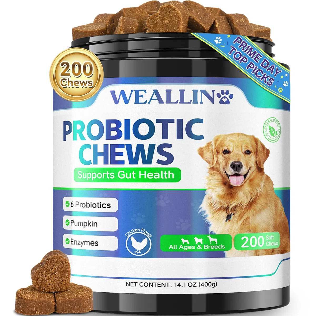 Probiotici per Cani, Prebiotici per la Salute Intestinale–Supporta la Salute Digestiva e l’Assorbimento dei Nutrienti–200 Bocconcini Morbidi che Supportano la Salute della Pelle e la Salute Generale
