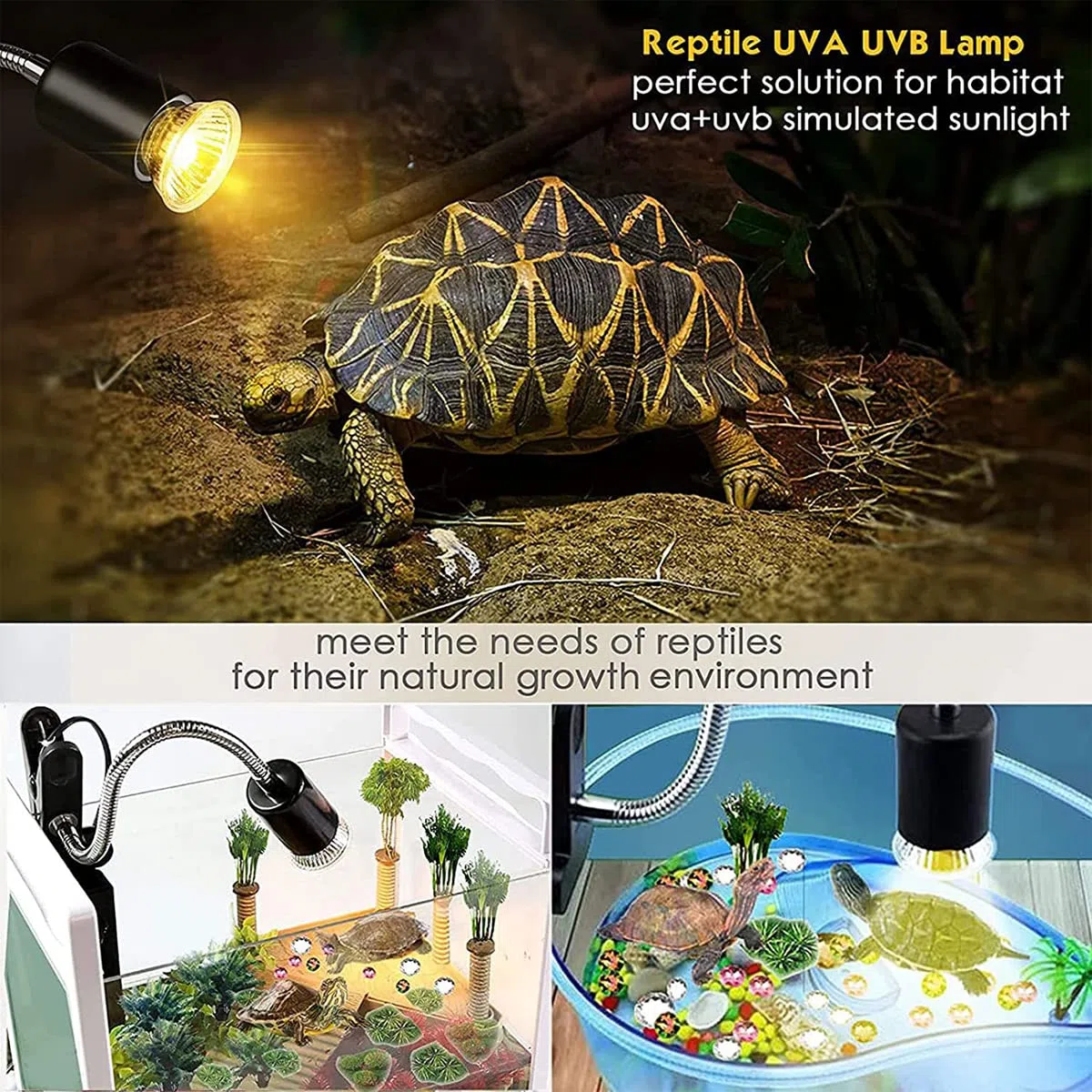 Lampada riscaldante per rettili, lampada riscaldante per tartarughe, lampada riscaldante UVA UVB, 3 lampadine di diversa potenza e morsetto girevole a 360°.