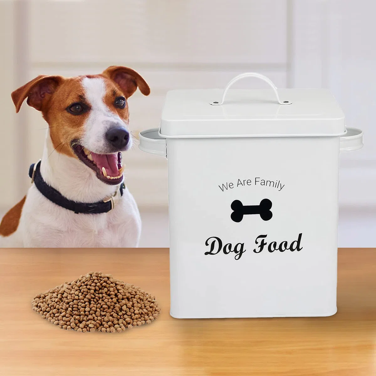 Pethiy Contenitore crocchette Cibo e Trattare per Cani, con Coperchio e Paletta, capacità 2,3 kg, Contenitore per Alimenti in Metallo per Animali Domestici-Bianco-Dog Food