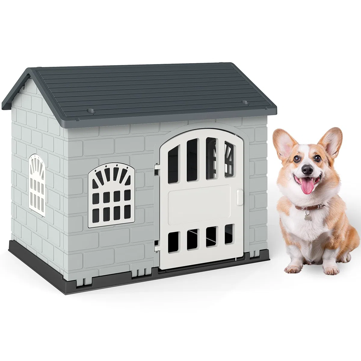 COSTWAY Cuccia per Cani da Esterno ed Interno, Casetta per Cani con Porta Bloccabile, 3 Finestre e Tetto Inclinato, Cucce in Plastica Impermeabile per Cagnolini Piccoli, 75 x 58 x 65 cm (Grigio)