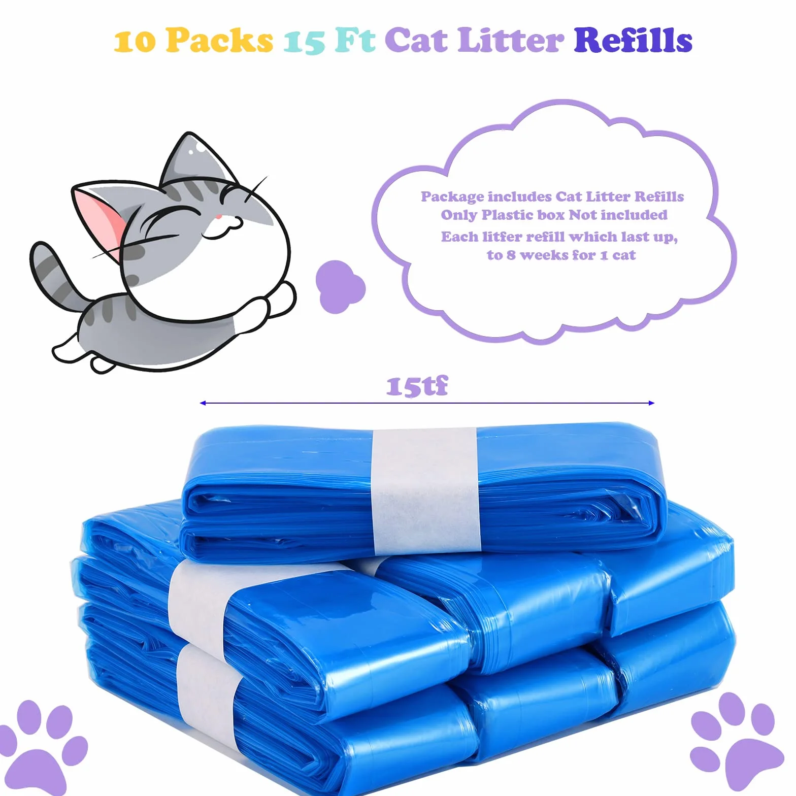 Sacchetti di ricarica per lettiera per gatti, confezione da 10 ricariche per lettiera per gatti compatibili con la ricarica della lettiera Genie (cartuccia non inclusa) (blu, 4,5 m)