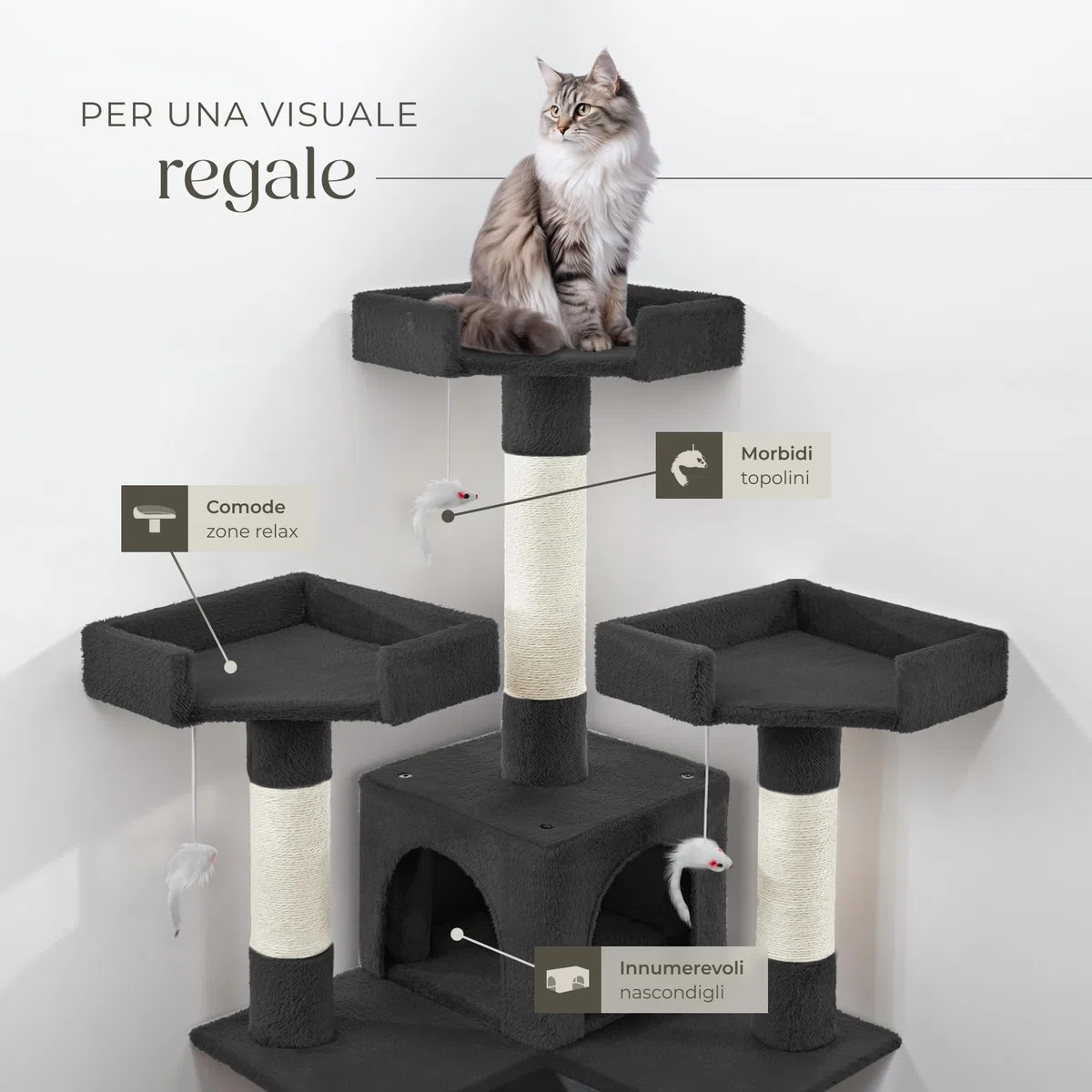 tectake® Tiragraffi per Gatti, Albero per Gatto con 2 Casette in Peluche, 4 Topolini da Gioco per Felini, 3 Piattaforme, Struttura Robusta, Tiragraffi felino a più Piani - Nero