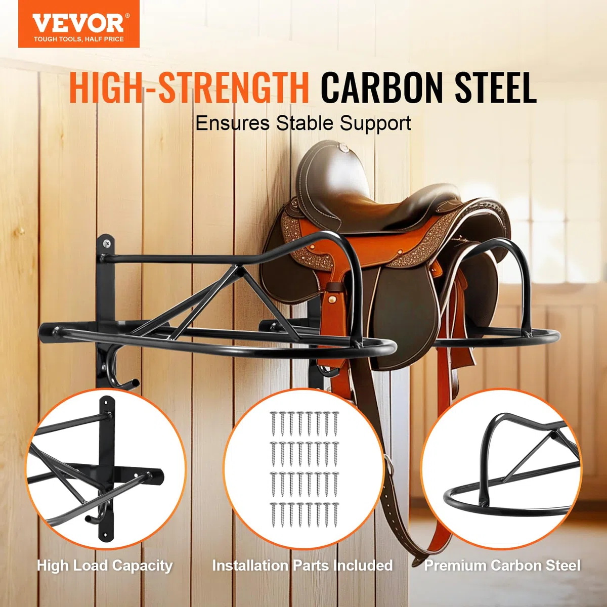 VEVOR Portasella a Parete 580 x 223 x 270 mm Portasella per Cavalli da 8 Pezzi con Barra Imbottita, Supporto per Sella Portatile per Selle Inglesi Occidentale, Deposito per Finimenti per Cavalli, Nero