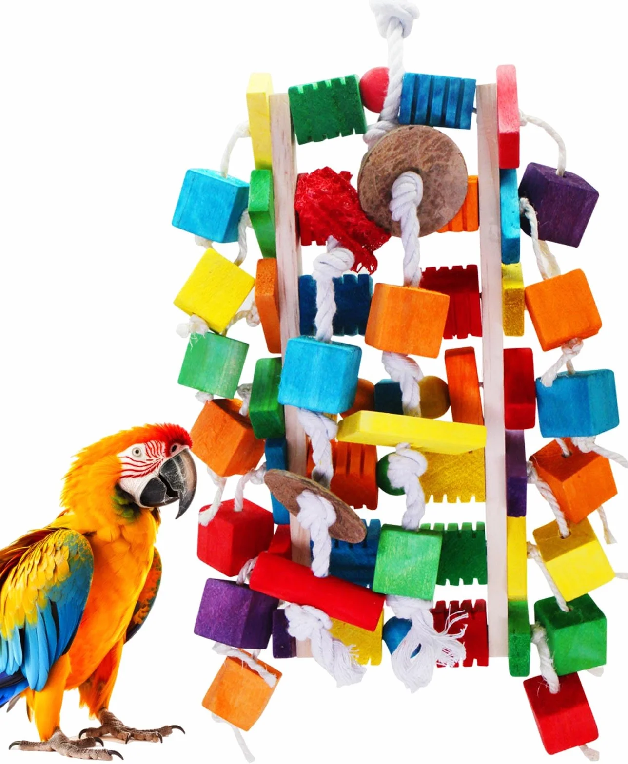 MQUPIN Grandi giocattoli per pappagalli per uccelli, blocchi di legno colorati di diverse forme, 56 cm, blocchi di legno naturale per pappagalli grigi africani, amazzoni, cacatua e ara