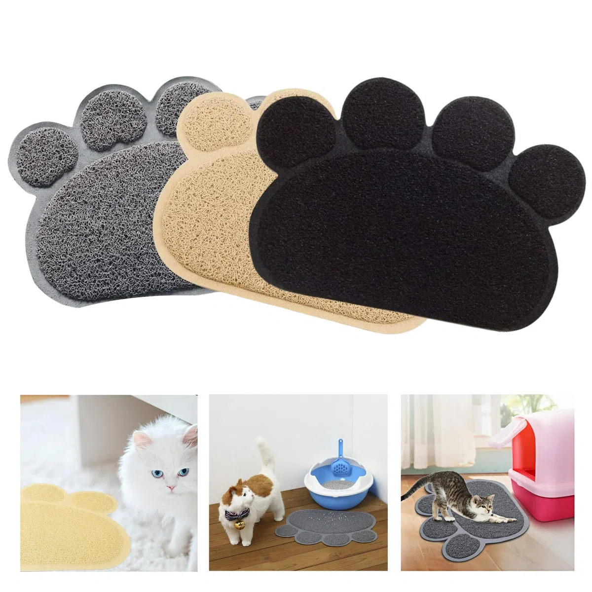3 Pezzi Tappetino Lettiera Materassino Pet, Impermeabile Tappeto per Animali a Forma di Zampa Lettiera Catcher Trapper Table Food Tappetino per Cane Gatto Ciotola Tessuto,30cmx40cm,PVC