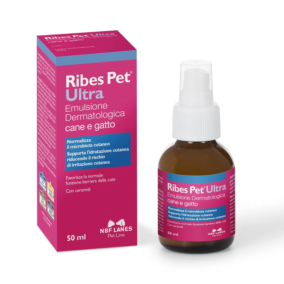 NBF Lanes | Ribes Pet Ultra Emulsione Dermatologica a Cristalli Liquidi Cane e Gatto 50 ml, Normalizza il Microbiota Cutaneo, Favorisce la Normale Funzione Barriera della Cute, con Ceramidi