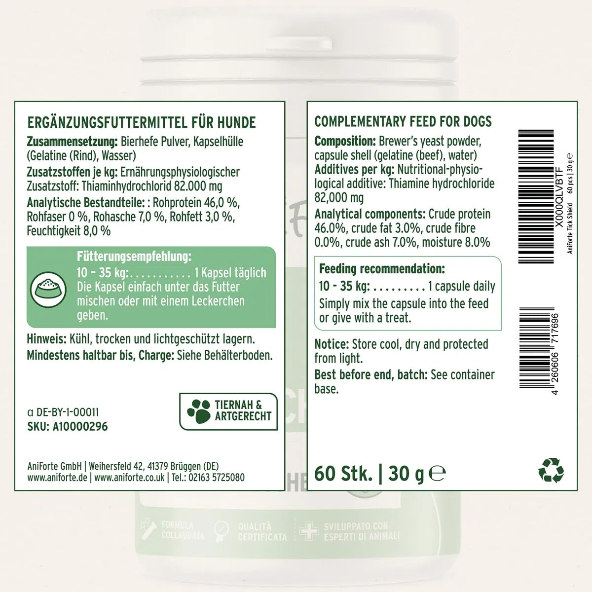 AniForte Protezione zecche per Cani 10-35 kg, 60 Capsule – Scudo Naturale Contro zecche e parassiti, Protezione antiparassitaria, antiparassitario e Repellente zecche
