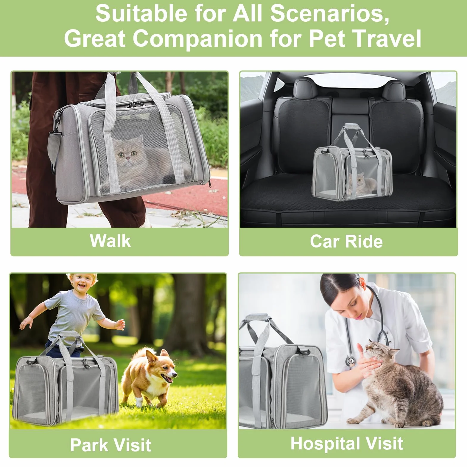 Trasportino Gatto Pieghevole – Borsa per Cani Leggera e Traspirante – Trasportino per Viaggi/Auto con Cintura Regolabile (Grigio)
