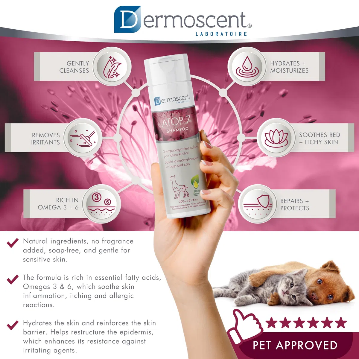 Dermoscent ATOP 7 Shampoo per cani e gatti - Allergie e sollievo dal prurito della pelle - Ingredienti naturali - Lenisce la dermatite e la pelle atopica - 200 ml