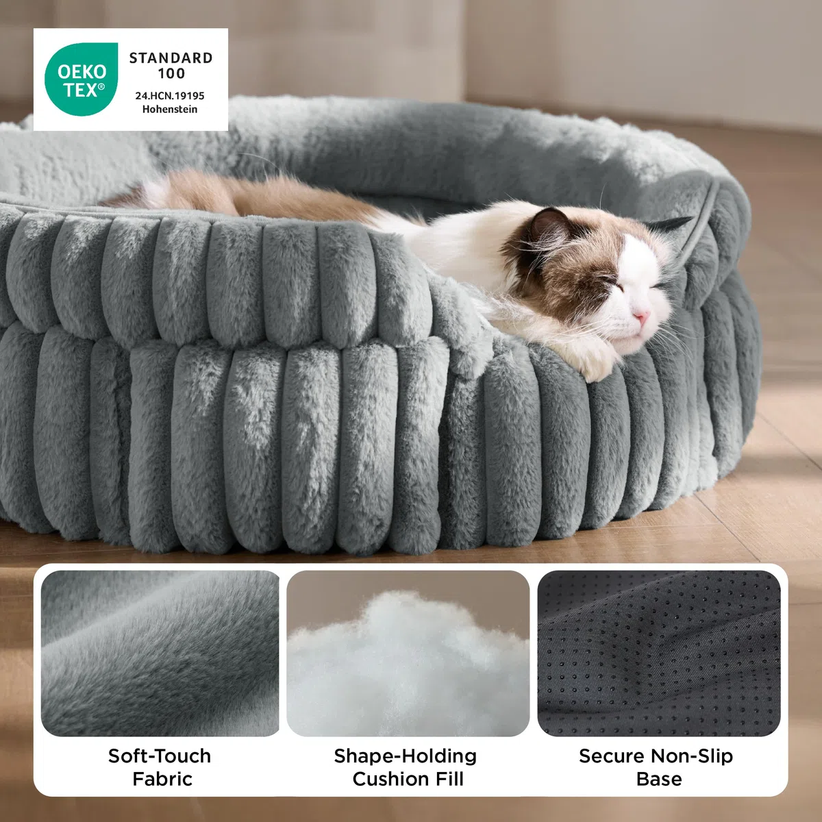 Bedsure Cuccia lavabile per gatti - 51x51 cm, piccola cuccia rotonda per gatti da interno, cestino per cuccioli con fondo antiscivolo e cuscino rimovibile reversibile, grigio