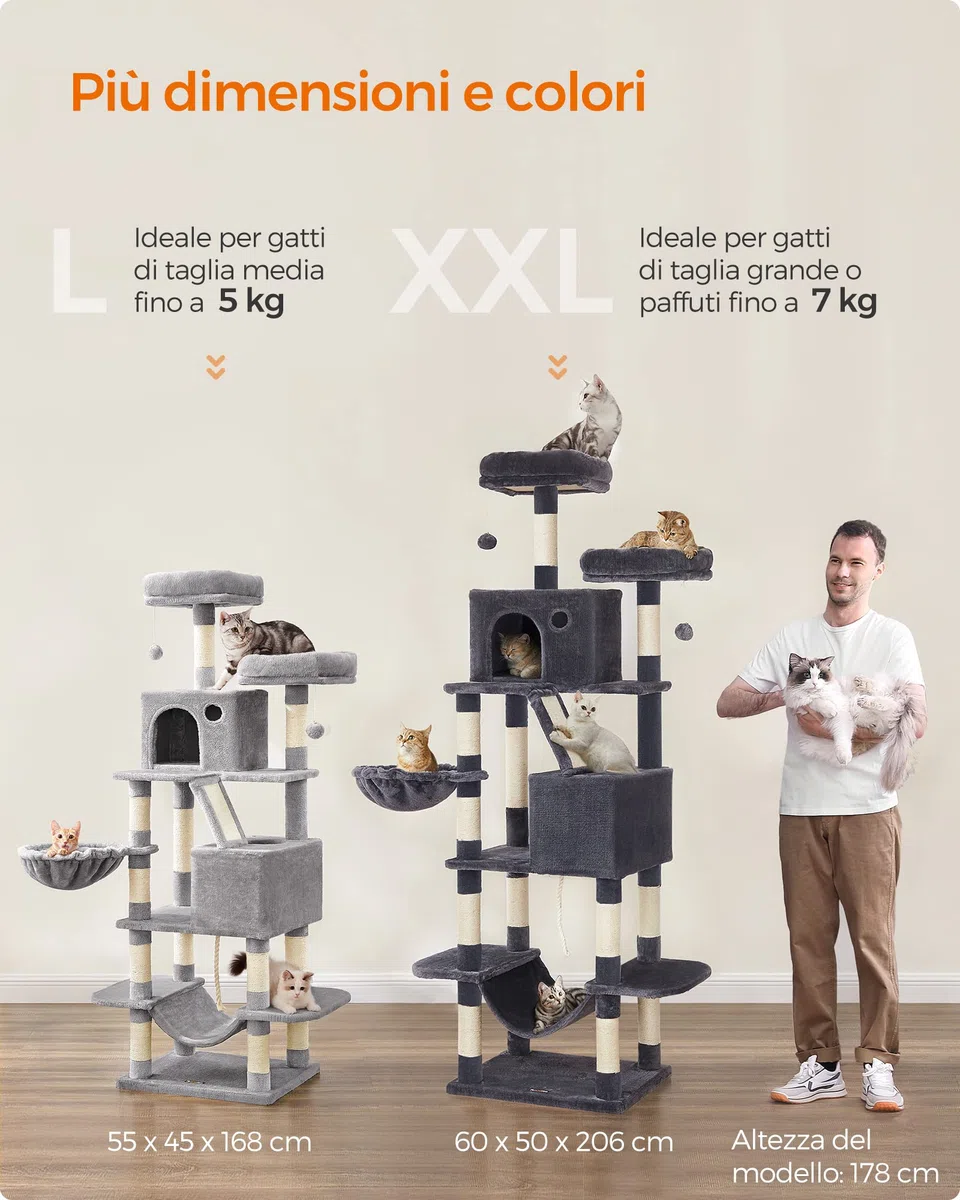 Feandrea Albero per Gatti, Alto 206 cm, Tiragraffi per Gatti Adulti, XXL, con 13 Graffiatoi, 2 Posatoi, 2 Grotte, Cesto, Pompon, in Peluche a Più Livelli per Interno, Grigio Chiaro PCT190W01