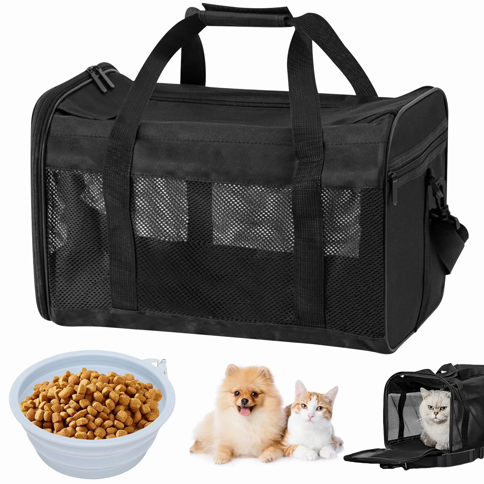 Trasportino per gatti pieghevole: borsa per gatti traspirante con ciotola per acqua portatile, pieghevole, trasportino per cani con tracolla, 42 x 27 x 28 cm