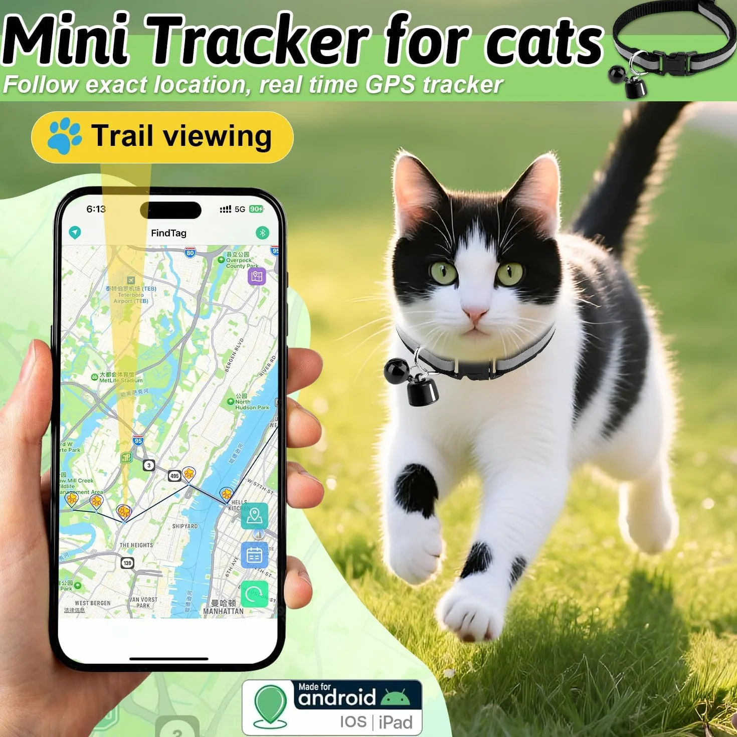 Localizzatore GPS Cane, GPS per Cani e Gatti, Collare GPS Gatto Tracker Compatibile iOS Android, Senza Abbonamento, Tracker per Chiavi Bagagli e Animali Domestici (B)