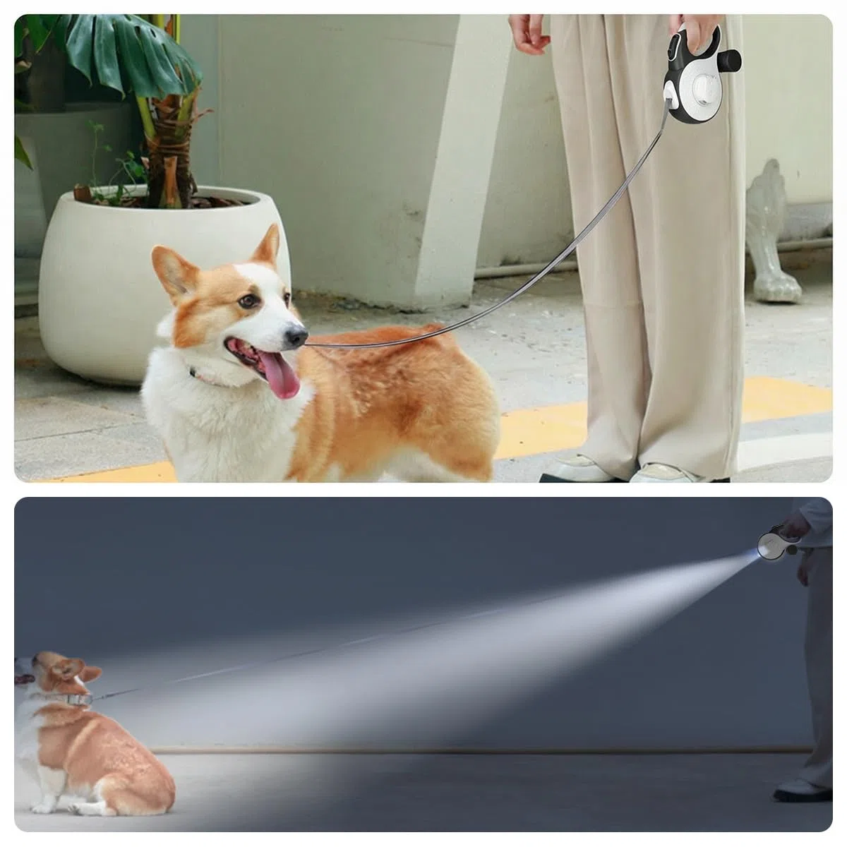 Guinzaglio per cani da 8 m, con luce LED e supporto per borsa, guinzaglio senza nodi, pulsante del freno rapido e impugnatura antiscivolo, per cani fino a 50 kg, shopping, allenamento, viaggi