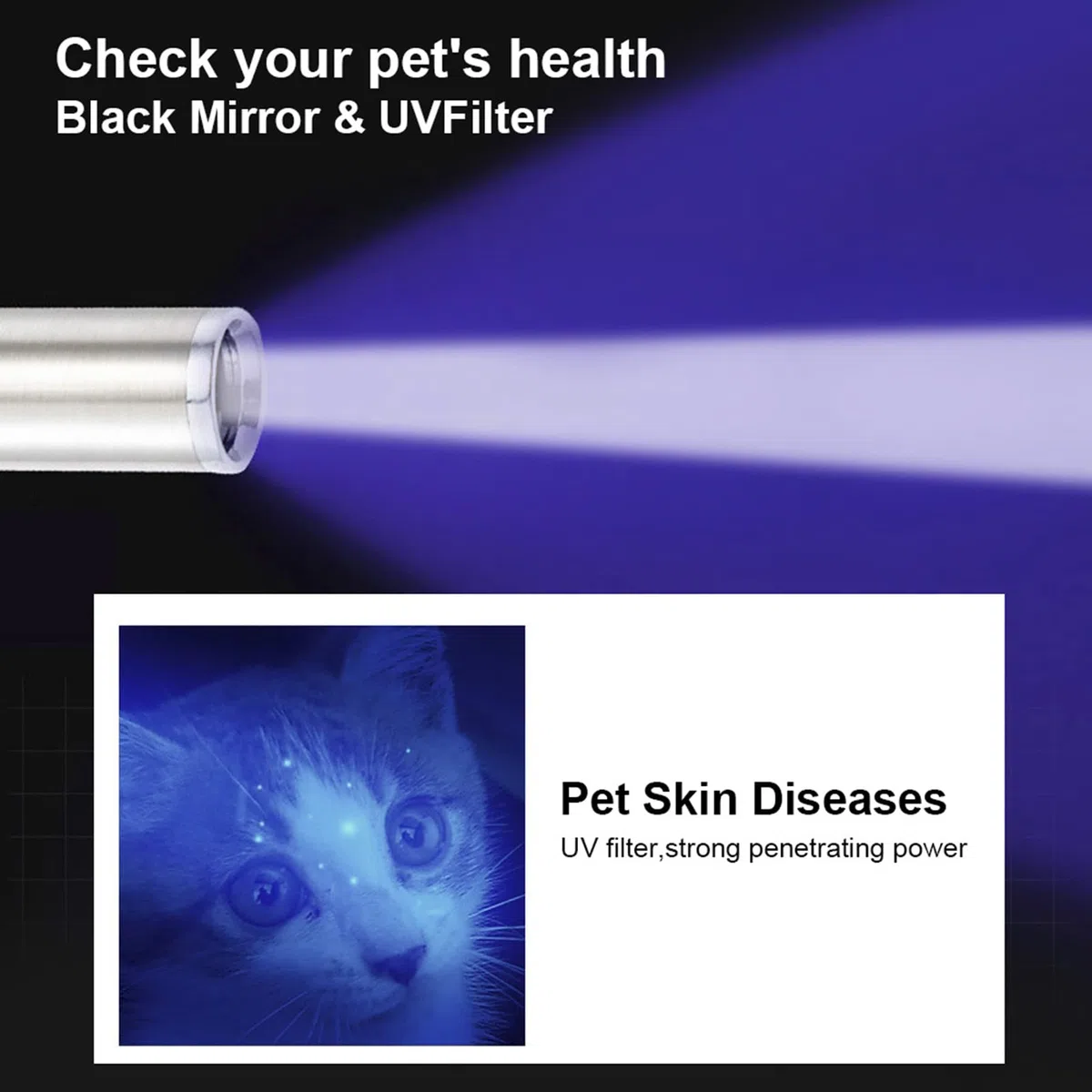 Lampada Veterinaria in Legno Rilevamento di Funghi per Animali Domestici Torcia Impermeabile Pelle Luce Ultravioletta Muschio di Gatto Luce Tinea 365 UV Specchio Nero, per La Cura del Cane/Gatto