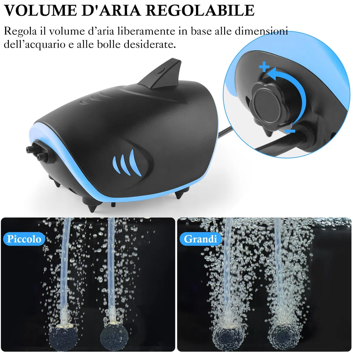 3W Pompa d'Aria per Acquario, Ossigenatore per Acquario Silenzioso con capacità di 5L/Min, Aeratore per Acquario Regolabile per Serbatoi fino a 400 Litri